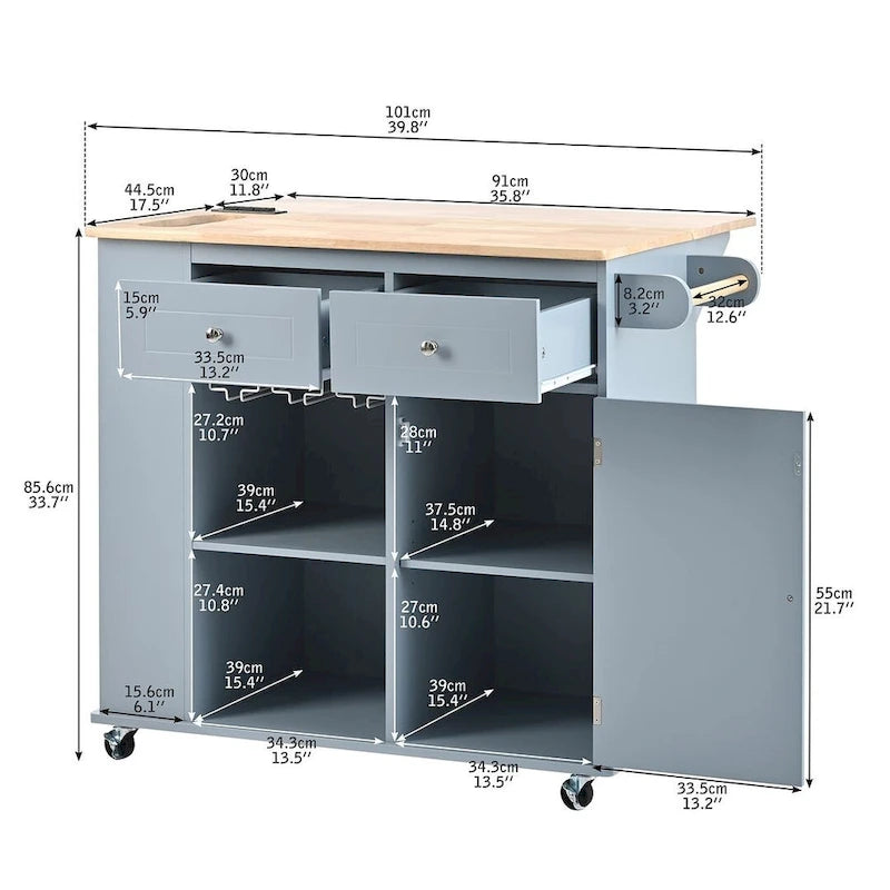 47 Modern Kitchen Cart with Electrical Outlet, Rubberwood Kitchen Island with Drop Leaf and Adjustable Storage Cabinet