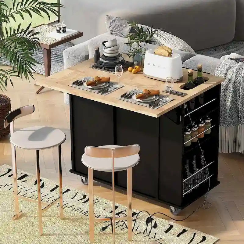 47 Modern Kitchen Cart with Electrical Outlet, Rubberwood Kitchen Island with Drop Leaf and Adjustable Storage Cabinet