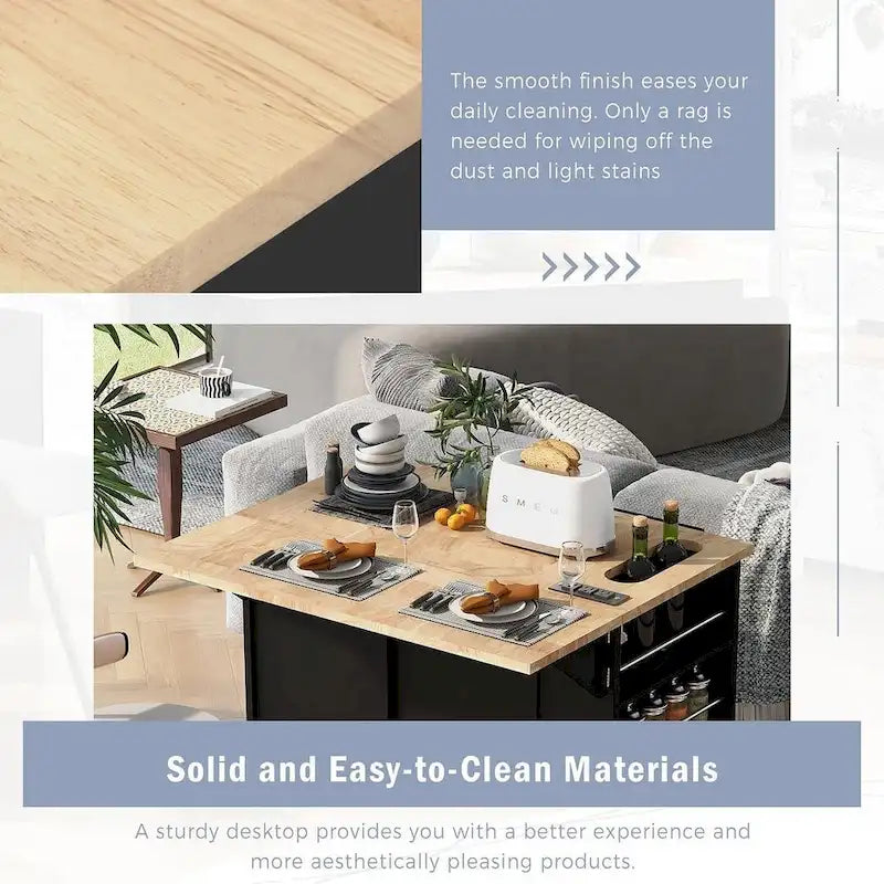 47 Modern Kitchen Cart with Electrical Outlet, Rubberwood Kitchen Island with Drop Leaf and Adjustable Storage Cabinet