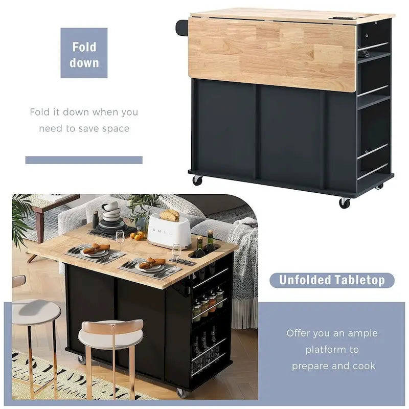 47 Modern Kitchen Cart with Electrical Outlet, Rubberwood Kitchen Island with Drop Leaf and Adjustable Storage Cabinet