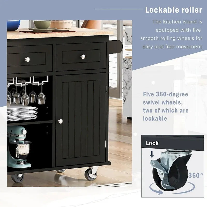 47 Modern Kitchen Cart with Electrical Outlet, Rubberwood Kitchen Island with Drop Leaf and Adjustable Storage Cabinet
