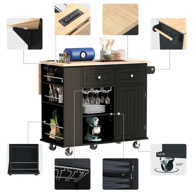 47 Modern Kitchen Cart with Electrical Outlet, Rubberwood Kitchen Island with Drop Leaf and Adjustable Storage Cabinet