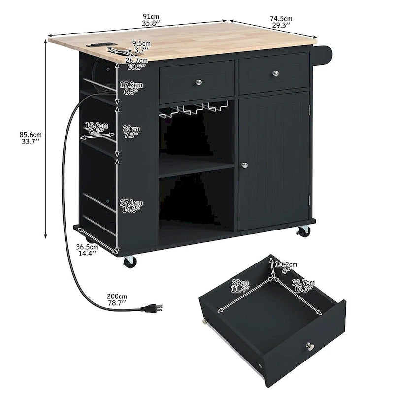 47 Modern Kitchen Cart with Electrical Outlet, Rubberwood Kitchen Island with Drop Leaf and Adjustable Storage Cabinet