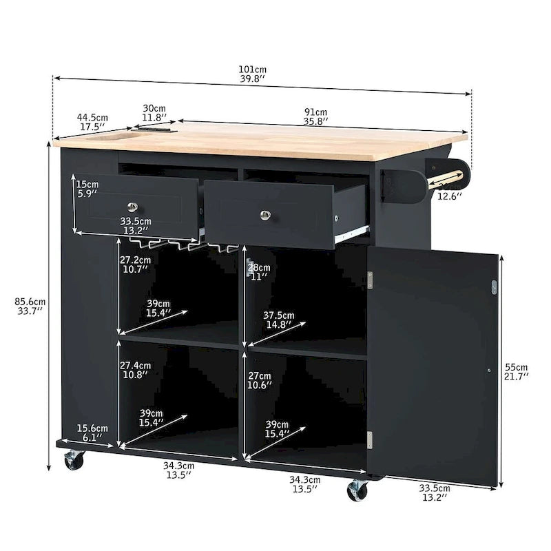 47 Modern Kitchen Cart with Electrical Outlet, Rubberwood Kitchen Island with Drop Leaf and Adjustable Storage Cabinet