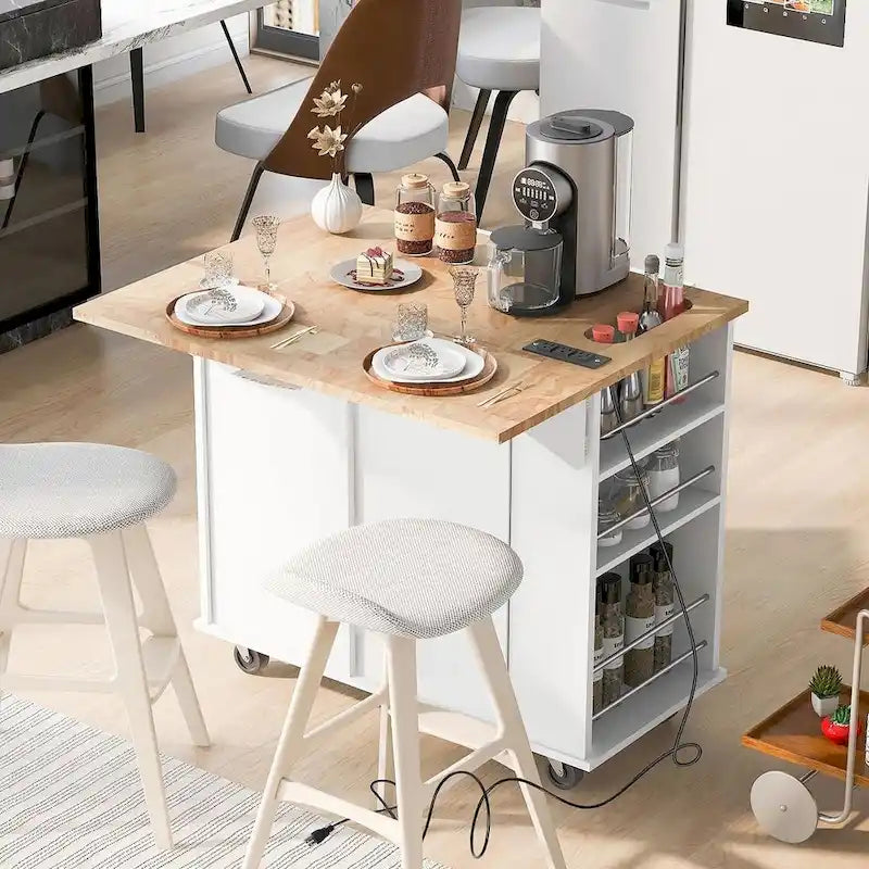 47 Modern Kitchen Cart with Electrical Outlet, Rubberwood Kitchen Island with Drop Leaf and Adjustable Storage Cabinet