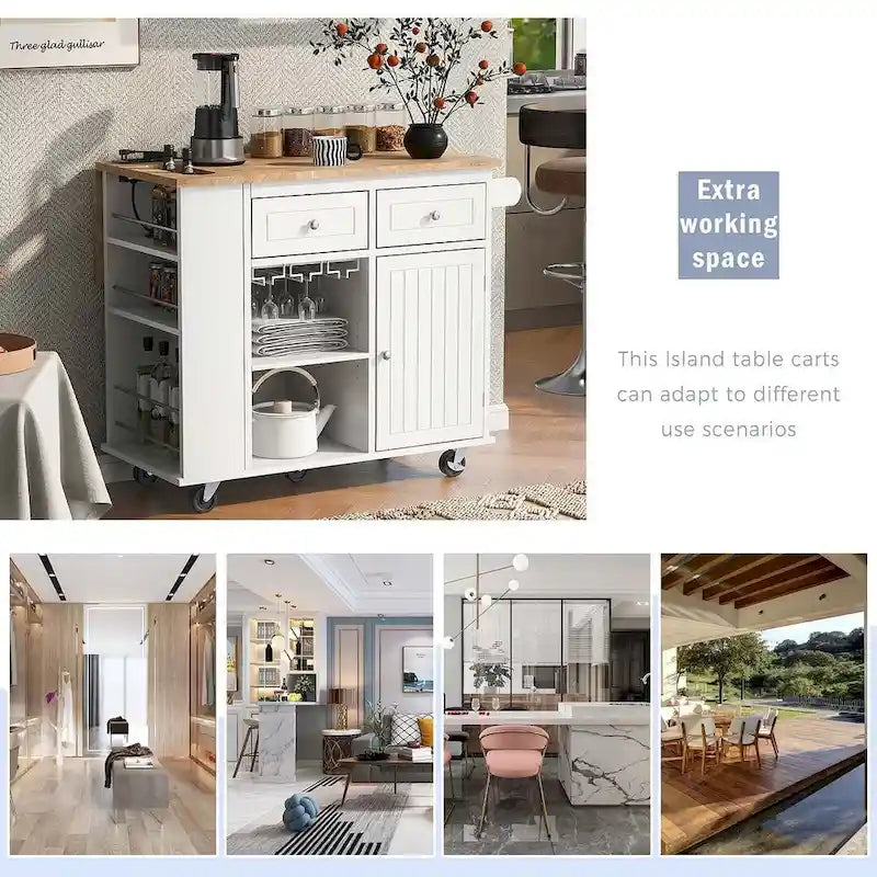 47 Modern Kitchen Cart with Electrical Outlet, Rubberwood Kitchen Island with Drop Leaf and Adjustable Storage Cabinet