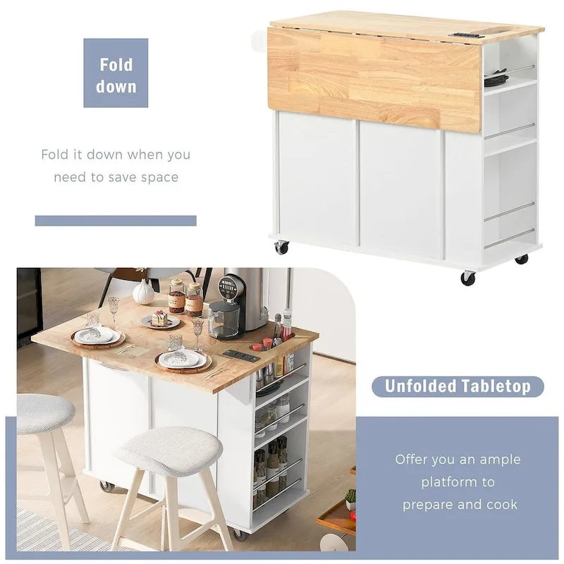 47 Modern Kitchen Cart with Electrical Outlet, Rubberwood Kitchen Island with Drop Leaf and Adjustable Storage Cabinet