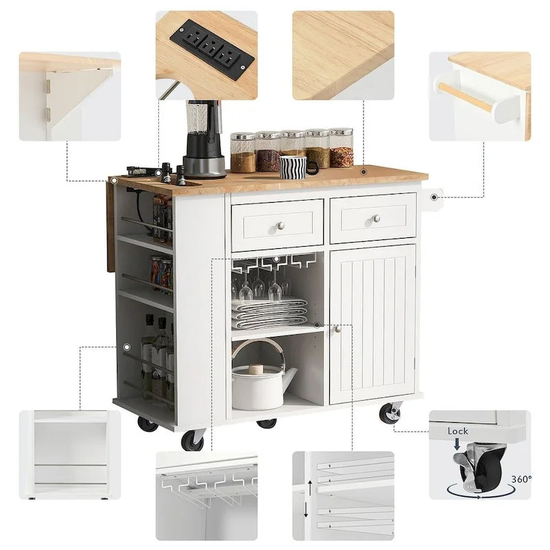 47 Modern Kitchen Cart with Electrical Outlet, Rubberwood Kitchen Island with Drop Leaf and Adjustable Storage Cabinet