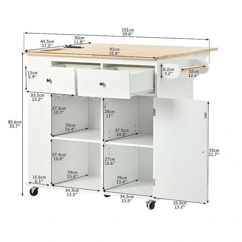 47 Modern Kitchen Cart with Electrical Outlet, Rubberwood Kitchen Island with Drop Leaf and Adjustable Storage Cabinet