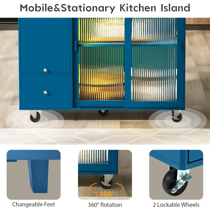 LED Light Kitchen Cart with Drop Leaf and Adjustable Shelf