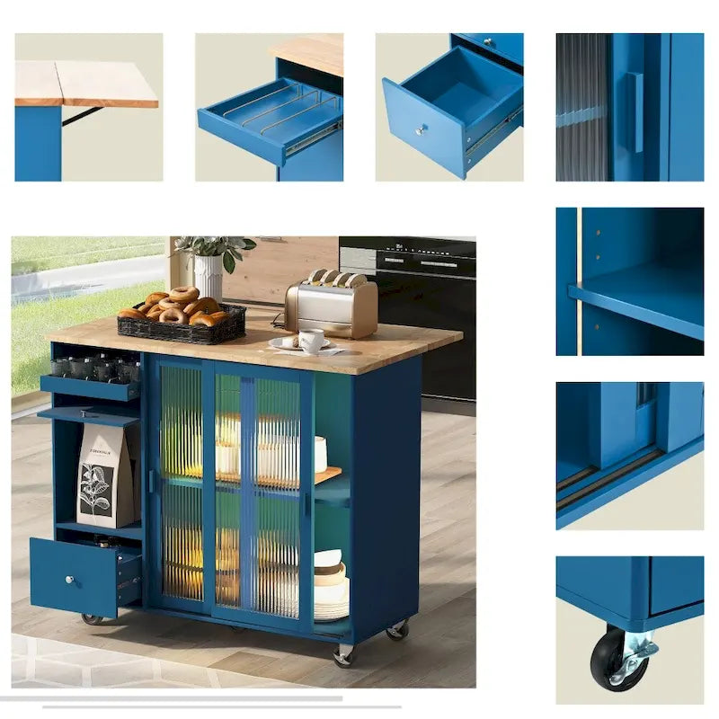 LED Light Kitchen Cart with Drop Leaf and Adjustable Shelf