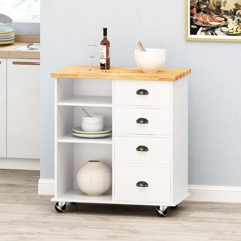 Contemporary Wood Kitchen Cart with Wheels Drawers and Cabinet by Christopher Knight Home