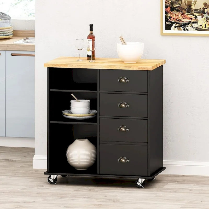 Contemporary Wood Kitchen Cart with Wheels Drawers and Cabinet by Christopher Knight Home