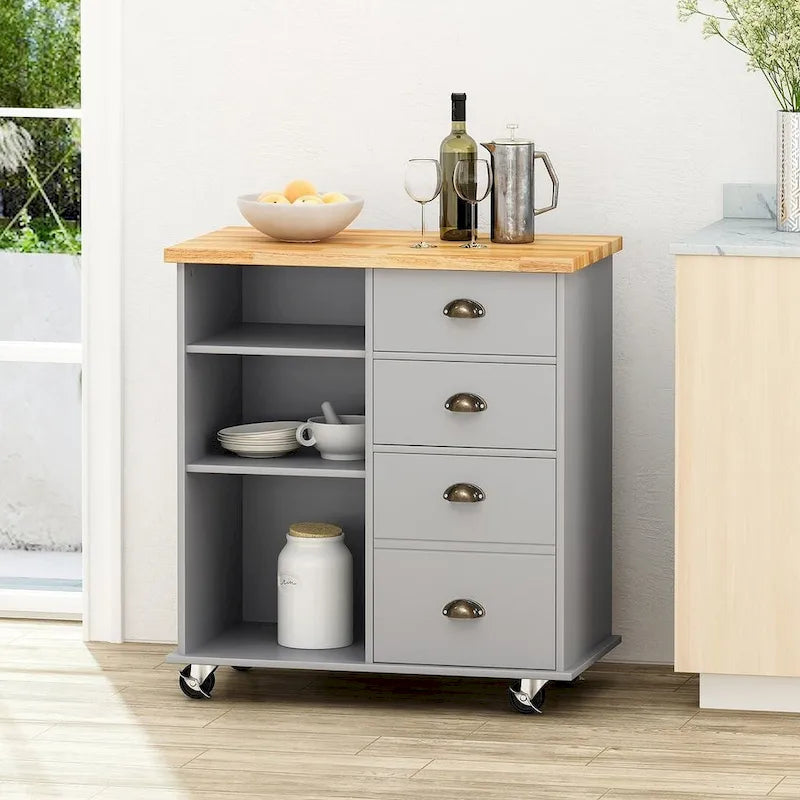 Contemporary Wood Kitchen Cart with Wheels Drawers and Cabinet by Christopher Knight Home