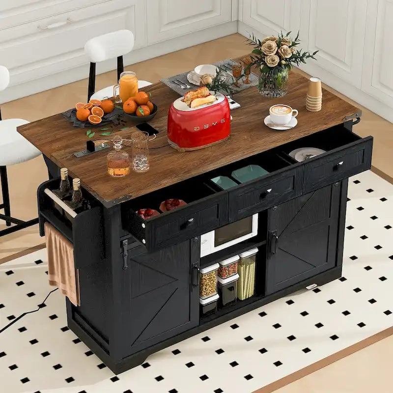 53.7 Farmhouse Kitchen Island with Power Outlet, 2 Sliding Barn Doors, Drop Leaf Storage, Spice Rack Cart On Wheels.