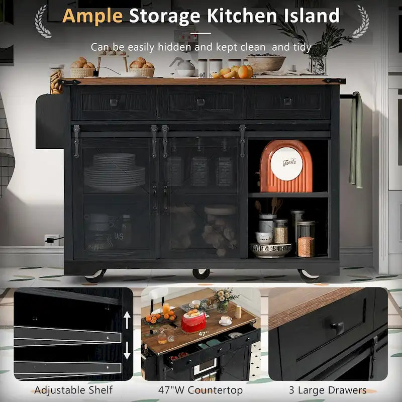 53.7 Farmhouse Kitchen Island with Power Outlet, 2 Sliding Barn Doors, Drop Leaf Storage, Spice Rack Cart On Wheels.