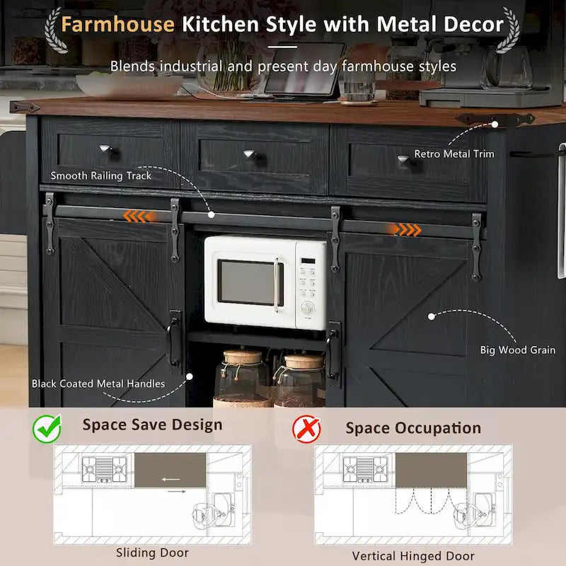 53.7 Farmhouse Kitchen Island with Power Outlet, 2 Sliding Barn Doors, Drop Leaf Storage, Spice Rack Cart On Wheels.