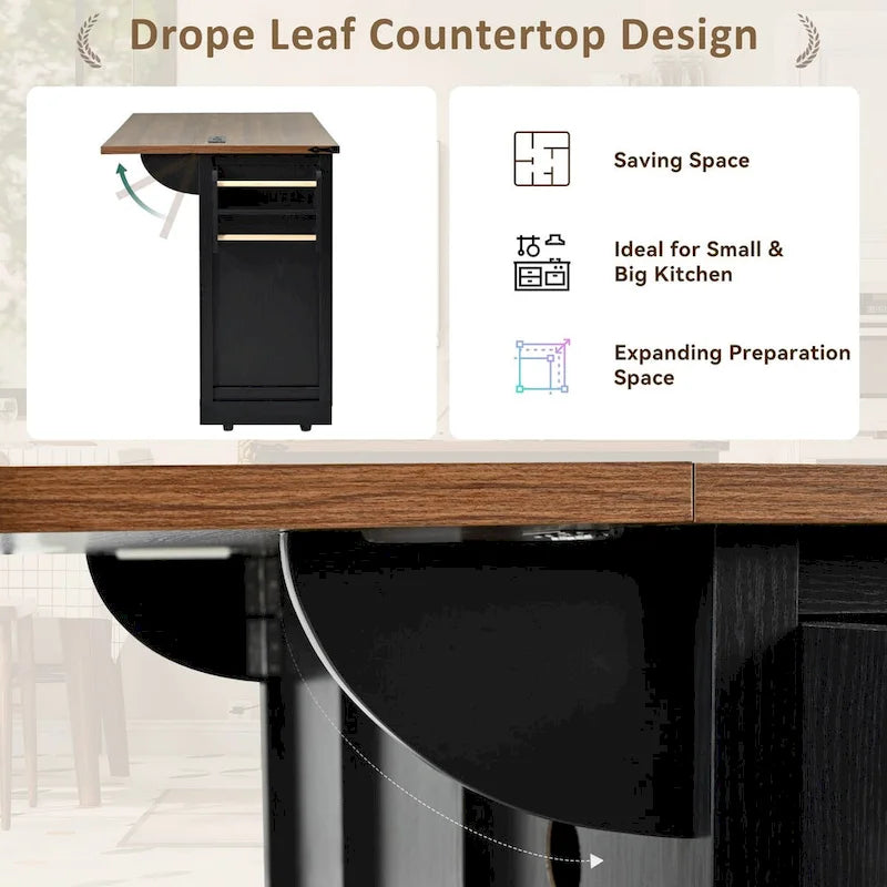 53.7 Farmhouse Kitchen Island with Power Outlet, 2 Sliding Barn Doors, Drop Leaf Storage, Spice Rack Cart On Wheels.