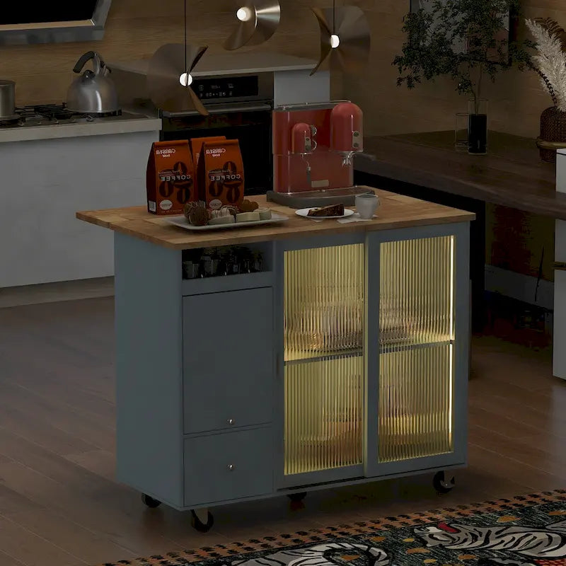 Kitchen Island with Drop Leaf and LED Light