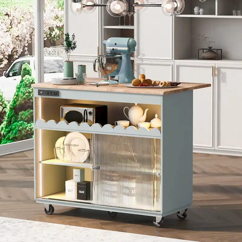 44 in. W Kitchen Island Rubberwood Drop-Leaf Countertop on 5 Wheels with Open Shelf and Wine Rack - 44