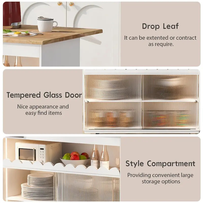 44 in. W Kitchen Island Rubberwood Drop-Leaf Countertop on 5 Wheels with Open Shelf and Wine Rack - 44