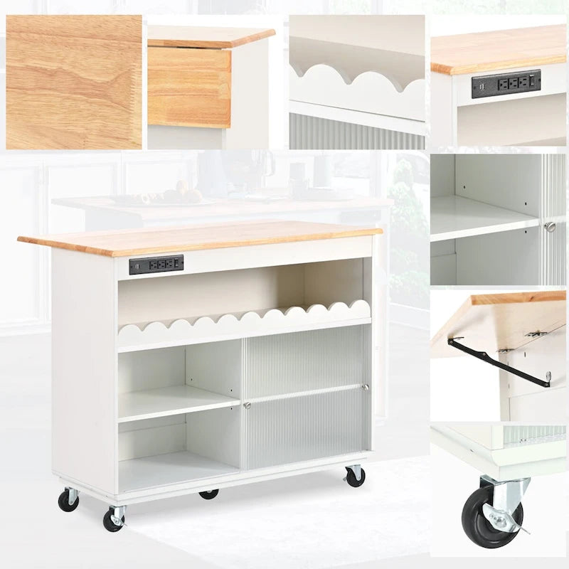 44 in. W Kitchen Island Rubberwood Drop-Leaf Countertop on 5 Wheels with Open Shelf and Wine Rack - 44