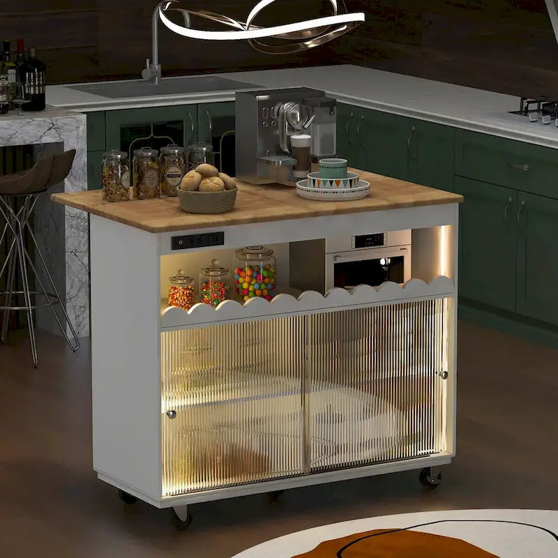 44 in. W Kitchen Island Rubberwood Drop-Leaf Countertop on 5 Wheels with Open Shelf and Wine Rack - 44