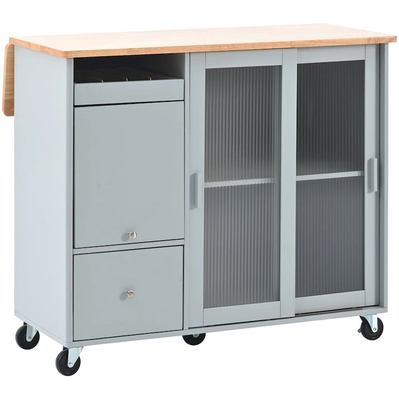 Kitchen Island Cart with Drop-Leaf Countertop, LED Lighting, Fluted Glass Doors, Adjustable Shelf, and Two Drawers