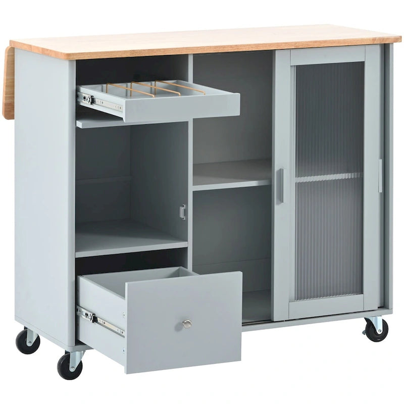 Kitchen Island Cart with Drop-Leaf Countertop, LED Lighting, Fluted Glass Doors, Adjustable Shelf, and Two Drawers