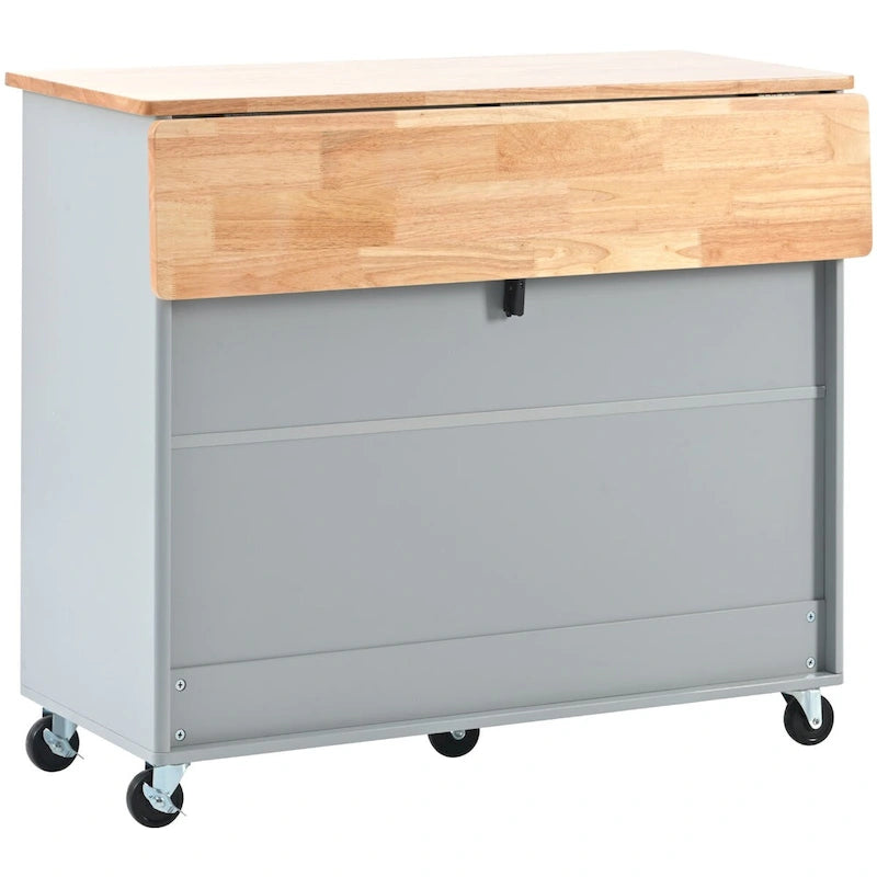 Kitchen Island Cart with Drop-Leaf Countertop, LED Lighting, Fluted Glass Doors, Adjustable Shelf, and Two Drawers