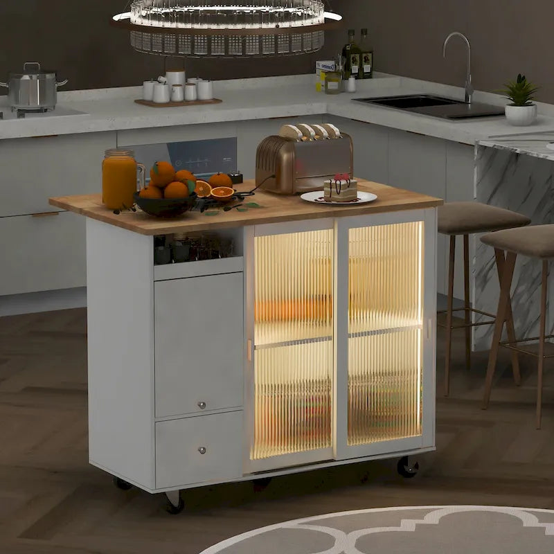 Kitchen Island Cart with Drop-Leaf Countertop, LED Lighting, Fluted Glass Doors, Adjustable Shelf, and Two Drawers