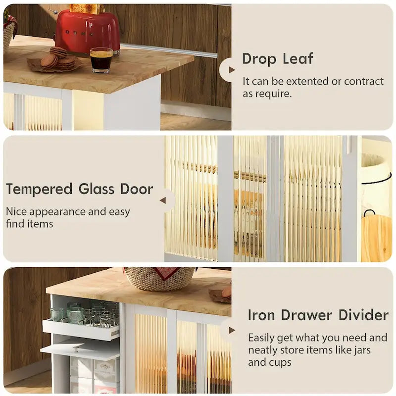 Kitchen Island Cart with Drop-Leaf Countertop, LED Lighting, Fluted Glass Doors, Adjustable Shelf, and Two Drawers
