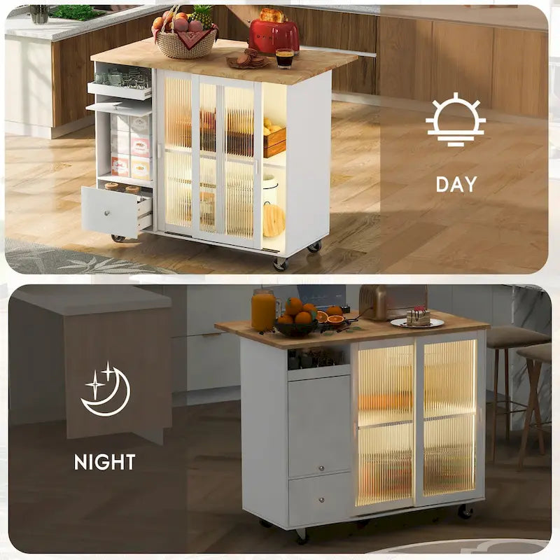 Kitchen Island Cart with Drop-Leaf Countertop, LED Lighting, Fluted Glass Doors, Adjustable Shelf, and Two Drawers