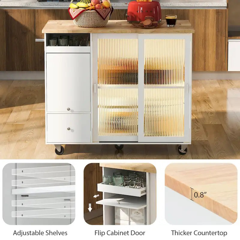 Kitchen Island Cart with Drop-Leaf Countertop, LED Lighting, Fluted Glass Doors, Adjustable Shelf, and Two Drawers