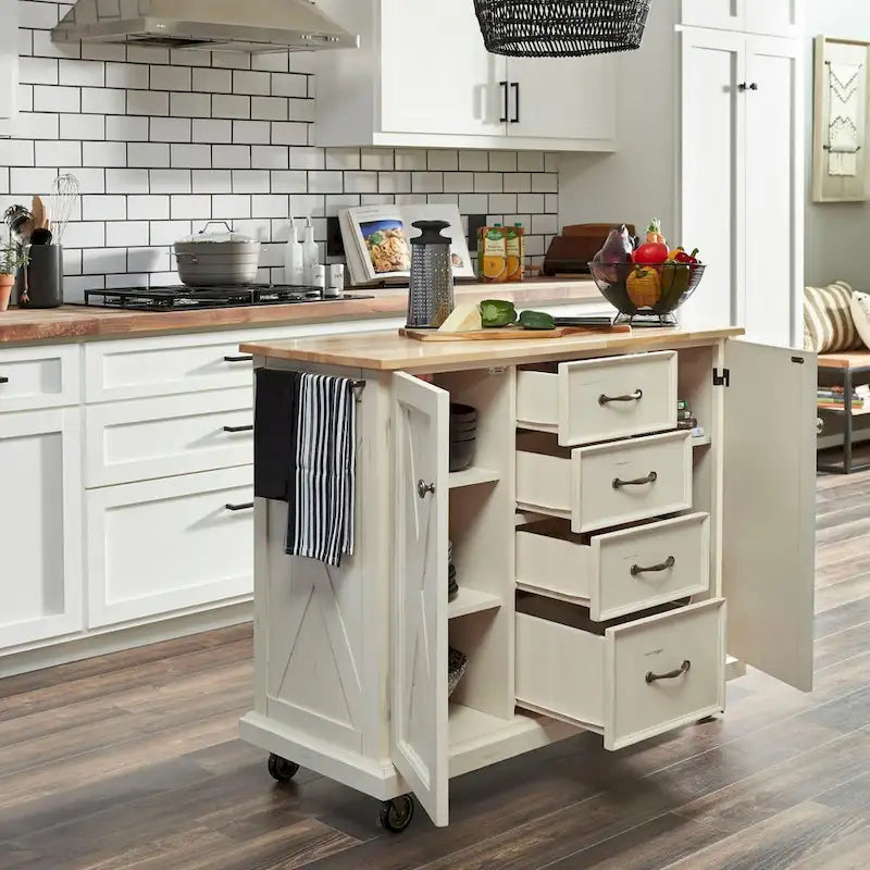 Seaside Lodge Off-White Wood Kitchen Cart - 45 x 36 x 16