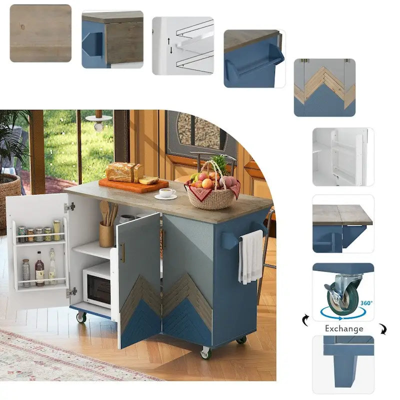 51 in. W Kitchen Island Retro Drop-Leaf Desktop on 4 Wheels with Internal Storage Rack and Towel Rack
