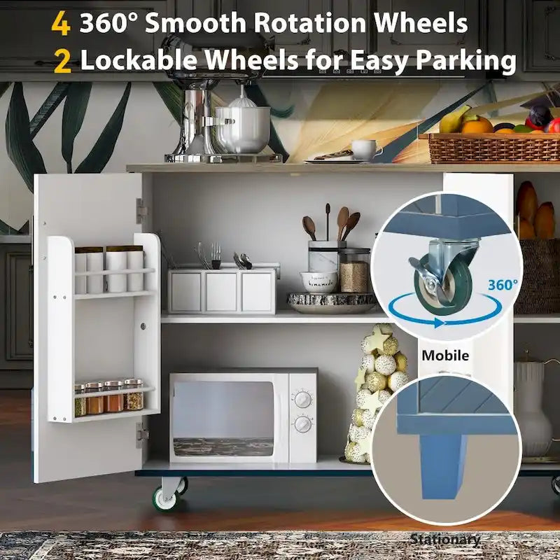 51 in. W Kitchen Island Retro Drop-Leaf Desktop on 4 Wheels with Internal Storage Rack and Towel Rack