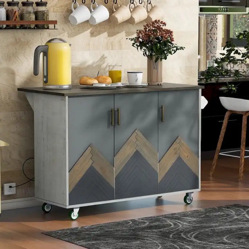 51 in. W Kitchen Island Retro Drop-Leaf Desktop on 4 Wheels with Internal Storage Rack and Towel Rack