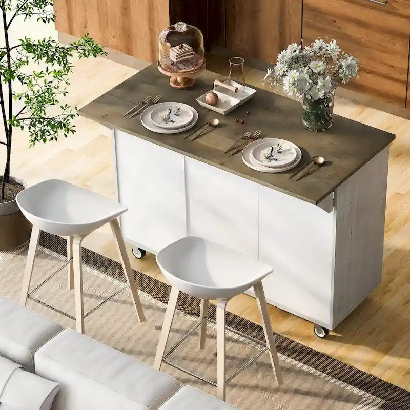 51 in. W Kitchen Island Retro Drop-Leaf Desktop on 4 Wheels with Internal Storage Rack and Towel Rack
