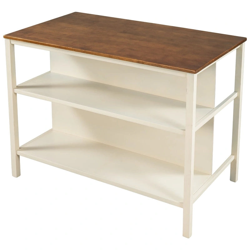 Solid Wood Rustic 45 in Kitchen Island with Butcher Block Top, 2 Shelves, Walnut and Cream White