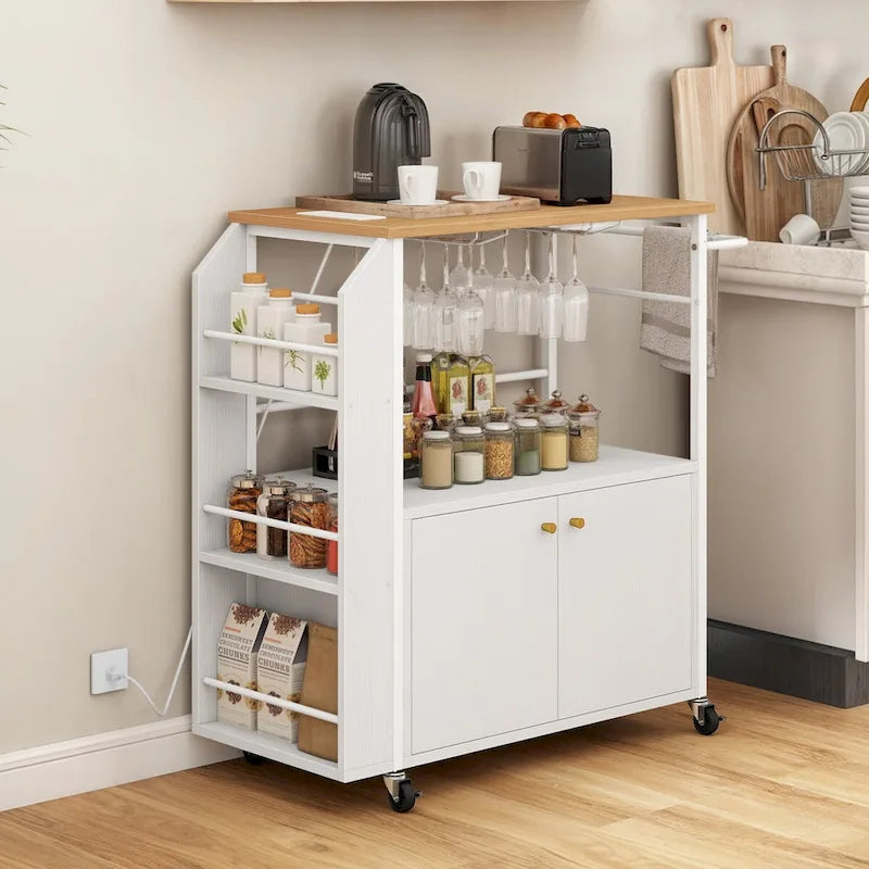 Moasis Rolling Portable Kitchen Island Cart With Power Outlet And Open Shelves