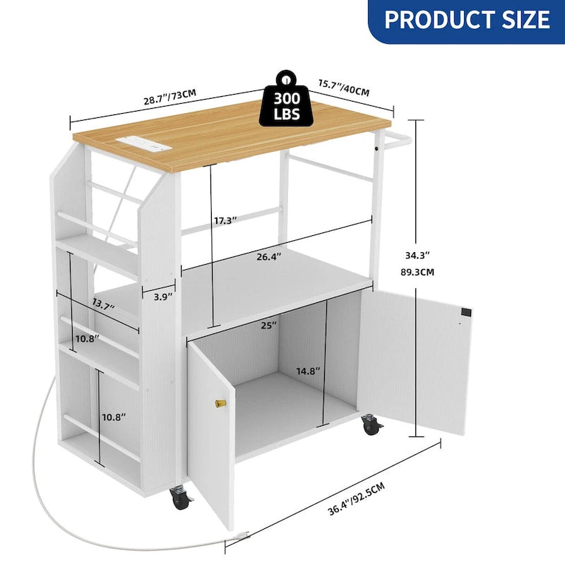 Moasis Rolling Portable Kitchen Island Cart With Power Outlet And Open Shelves