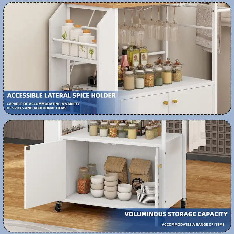 Moasis Rolling Portable Kitchen Island Cart With Power Outlet And Open Shelves