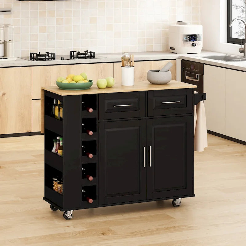 Foldable Kitchen Island Cart with Spice Rack, Towel Holder & Wine Rack