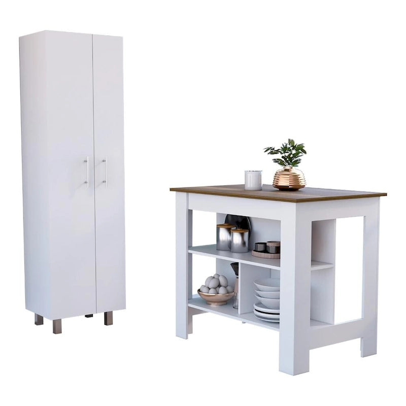Hayne 9-Shelf 2-Door 2-piece Kitchen Set, Kitchen Island and Pantry White and Walnut
