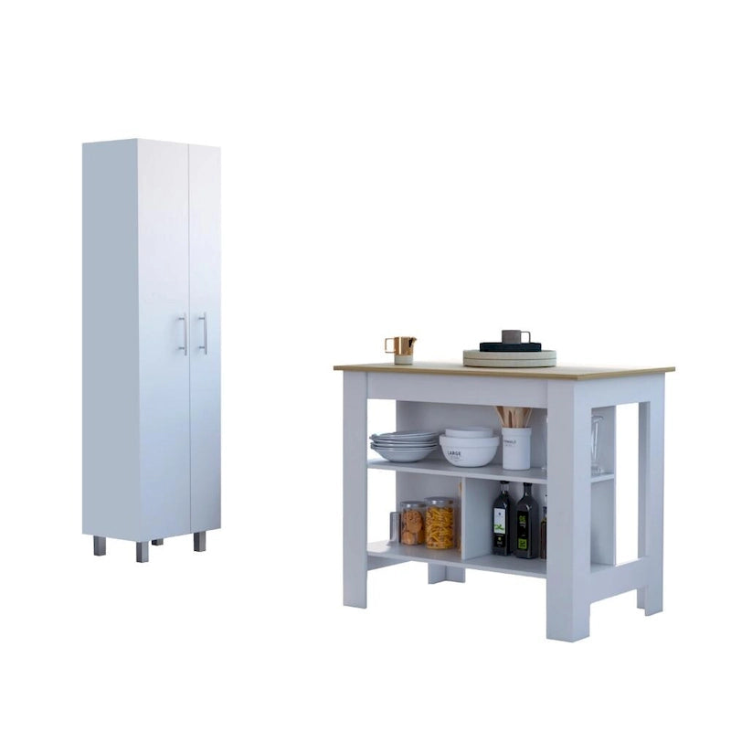 Hayne 9-Shelf 2-Door 2-piece Kitchen Set, Kitchen Island and Pantry White and Walnut
