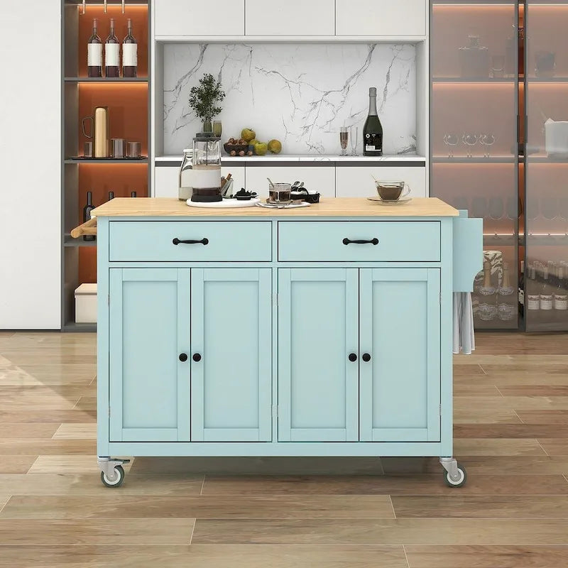 Kitchen Island Cart with Solid Wood Top, Locking Wheels, Spice & Towel Rack