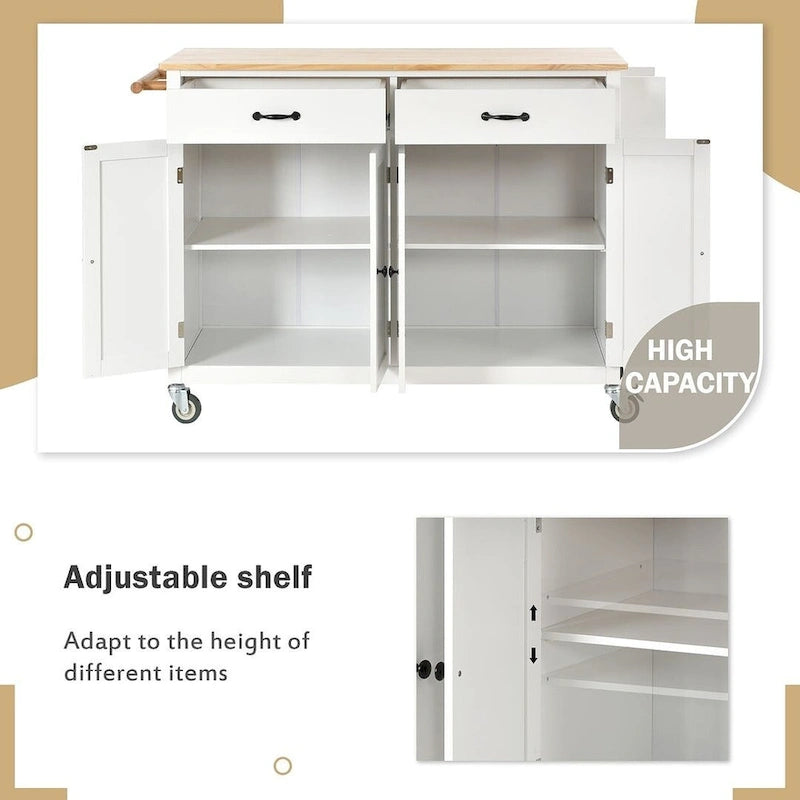 Kitchen Island Cart with Solid Wood Top, Locking Wheels, Spice & Towel Rack
