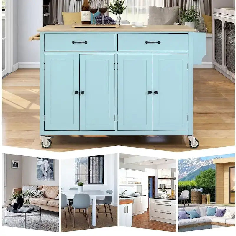 Kitchen Island Cart with Solid Wood Top, Locking Wheels, Spice & Towel Rack