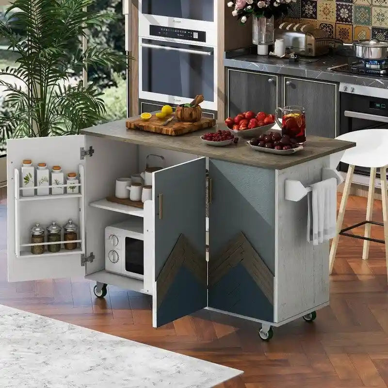 Retro 47D Kitchen Island on Wheels with Drop Leaf,Internal Storage Rack